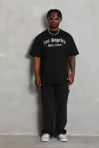 Erkek Baskılı Tişört Kısa Kol Bisiklet Yaka Oversize T-Shirt - Siyah