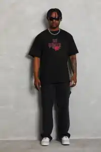 Erkek Baskılı Tişört Kısa Kol Bisiklet Yaka Oversize T-Shirt - Siyah