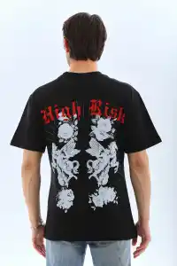 Erkek Baskılı T-Shirt Kısa Kol Bisiklet Yaka Rahat Kalıp Tişört  - Siyah