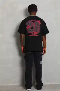 Erkek Baskılı Tişört Kısa Kol Bisiklet Yaka Oversize T-Shirt - Siyah