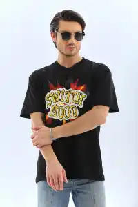 Erkek Kısa Kol Yazlık Tişört Bisiklet Yaka Baskılı Oversize T-Shirt - Siyah