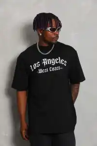 Erkek Baskılı Tişört Kısa Kol Bisiklet Yaka Oversize T-Shirt - Siyah