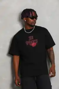 Erkek Baskılı Tişört Kısa Kol Bisiklet Yaka Oversize T-Shirt - Siyah