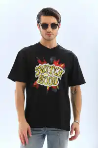 Erkek Kısa Kol Yazlık Tişört Bisiklet Yaka Baskılı Oversize T-Shirt - Siyah