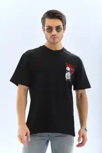 Erkek Baskılı T-Shirt Kısa Kol Bisiklet Yaka Rahat Kalıp Tişört  - Siyah