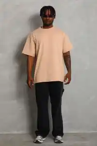 Erkek Düz Yazlık Kısa Kol Tişört Bisiklet Yaka Oversize T-Shirt - Bej