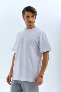 Erkek Düz Yazlık Kısa Kol Tişört Bisiklet Yaka Oversize T-Shirt - Beyaz