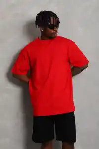 Erkek Düz Yazlık Kısa Kol Tişört Bisiklet Yaka Oversize T-Shirt - Kırmızı