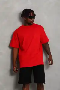 Erkek Düz Yazlık Kısa Kol Tişört Bisiklet Yaka Oversize T-Shirt - Kırmızı