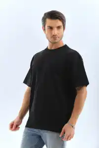 Erkek Düz Yazlık Kısa Kol Tişört Bisiklet Yaka Oversize T-Shirt - Siyah