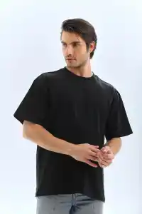 Erkek Düz Yazlık Kısa Kol Tişört Bisiklet Yaka Oversize T-Shirt - Siyah