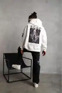 BErkek 3 İplik Pamuklu Kapüşonlu Baskılı Cepli Oversize Sweatshirt Hoodie - eyaz