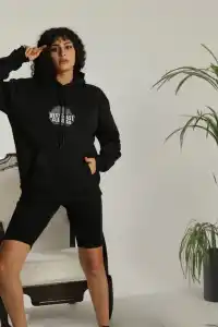Kadın Oversize Kapüşonlu Cepli Baskılı 3 İplik Pamuklu Hoodie Sweatshirt - Siyah