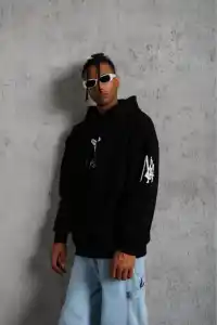 Erkek 3 İplik Pamuklu Kapüşonlu Kanguru Cepli Baskılı Oversize Hoodie Sweatshirt - Siyah