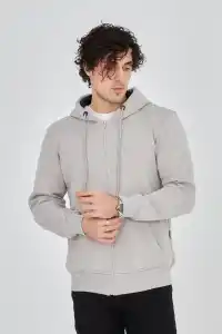 Erkek 3 İplik Pamuklu Kapüşonlu Tam Fermuarlı Cepli Hoodie Sweatshirt - Boyalı Gri