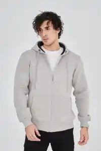 Erkek 3 İplik Pamuklu Kapüşonlu Tam Fermuarlı Cepli Hoodie Sweatshirt - Boyalı Gri