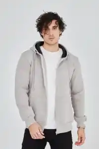 Erkek 3 İplik Pamuklu Kapüşonlu Tam Fermuarlı Cepli Hoodie Sweatshirt - Boyalı Gri