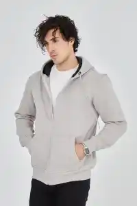 Erkek 3 İplik Pamuklu Kapüşonlu Tam Fermuarlı Cepli Hoodie Sweatshirt - Boyalı Gri
