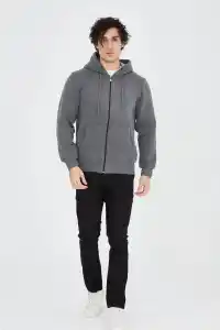 Erkek 3 İplik Pamuklu Kapüşonlu Tam Fermuarlı Cepli Hoodie Sweatshirt - Füme