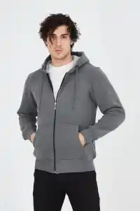 Erkek 3 İplik Pamuklu Kapüşonlu Tam Fermuarlı Cepli Hoodie Sweatshirt - Füme