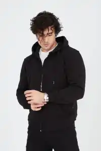 Erkek 3 İplik Pamuklu Kapüşonlu Tam Fermuarlı Cepli Hoodie Sweatshirt - Siyah
