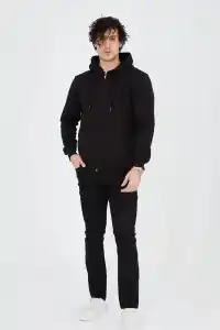 Erkek 3 İplik Pamuklu Kapüşonlu Tam Fermuarlı Cepli Hoodie Sweatshirt - Siyah