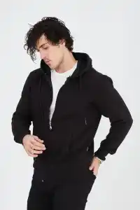 Erkek 3 İplik Pamuklu Kapüşonlu Tam Fermuarlı Cepli Hoodie Sweatshirt - Siyah