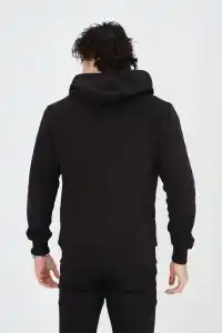 Erkek 3 İplik Pamuklu Kapüşonlu Tam Fermuarlı Cepli Hoodie Sweatshirt - Siyah
