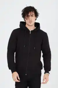 Erkek 3 İplik Pamuklu Kapüşonlu Tam Fermuarlı Cepli Hoodie Sweatshirt - Siyah