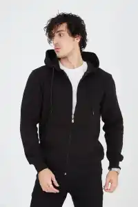 Erkek 3 İplik Pamuklu Kapüşonlu Tam Fermuarlı Cepli Hoodie Sweatshirt - Siyah
