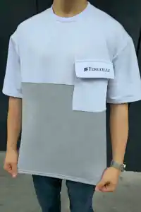 ERKEK Tişört Torba Cepli Parçalı Kısa Kol T-Shirt - Gri