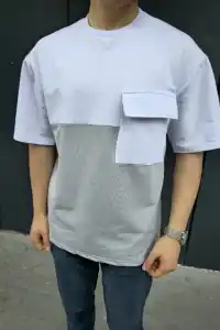 Erkek Kısa Kol Yazlık Tişört Torba Cepli Parçalı T-Shirt - Gri