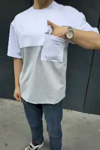 Erkek Kısa Kol Yazlık Tişört Torba Cepli Parçalı T-Shirt - Gri