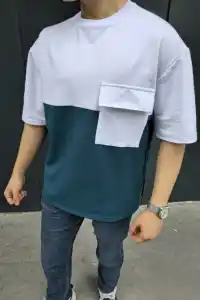Erkek Kısa Kol Yazlık Tişört Torba Cepli Parçalı T-Shirt - Lacivert