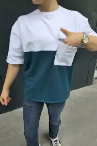 Erkek Kısa Kol Yazlık Tişört Torba Cepli Parçalı T-Shirt - Lacivert