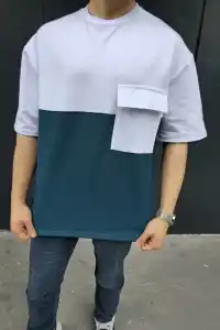 Erkek Kısa Kol Yazlık Tişört Torba Cepli Parçalı T-Shirt - Lacivert