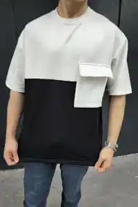 Erkek Kısa Kol Yazlık Tişört Torba Cepli Parçalı T-Shirt - Siyah