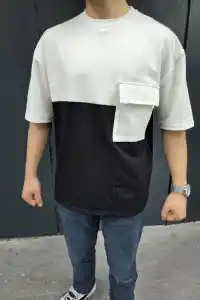 Erkek Kısa Kol Yazlık Tişört Torba Cepli Parçalı T-Shirt - Siyah