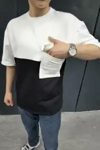 Erkek Kısa Kol Yazlık Tişört Torba Cepli Parçalı T-Shirt - Siyah