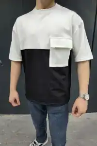 Erkek Kısa Kol Yazlık Tişört Torba Cepli Parçalı T-Shirt - Siyah