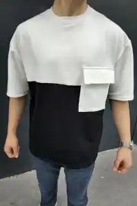 Erkek Kısa Kol Yazlık Tişört Torba Cepli Parçalı T-Shirt - Siyah