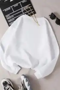 Kadın 3 İplik Pamuklu Bisikilet Yaka SweatShirt - Beyaz