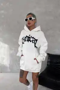 Kadın Oversize Kapüşonlu Cepli Baskılı 3 İplik Pamuklu Hoodie Sweatshirt - Beyaz