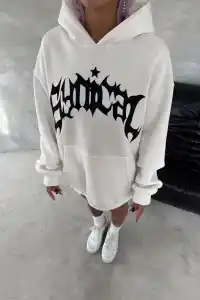 Kadın Oversize Kapüşonlu Cepli Baskılı 3 İplik Pamuklu Hoodie Sweatshirt - Beyaz