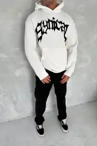 Erkek 3 İplik Pamuklu Kapüşonlu Baskılı Cepli Oversize Sweatshirt Hoodie - Beyaz