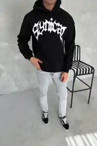Erkek 3 İplik Pamuklu Kapüşonlu Baskılı Cepli Oversize Sweatshirt Hoodie - Siyah