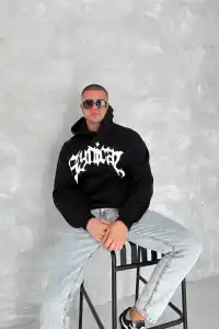 Erkek 3 İplik Pamuklu Kapüşonlu Baskılı Cepli Oversize Sweatshirt Hoodie - Siyah