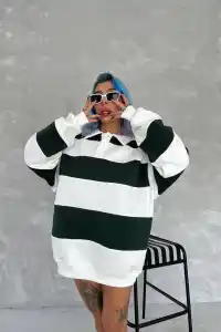 Kadın 3 iplik Pamuklu Parçalı Yakalı SweatShirt - Yeşil