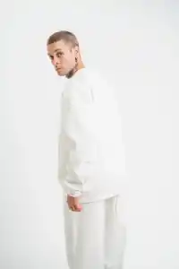 ERKEK 3 İplik Pamuklu Bisiklet Yaka Yıkamalı SweatShirt - Beyaz