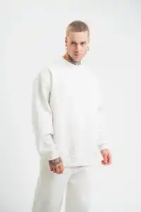 ERKEK 3 İplik Pamuklu Bisiklet Yaka Yıkamalı SweatShirt - Beyaz